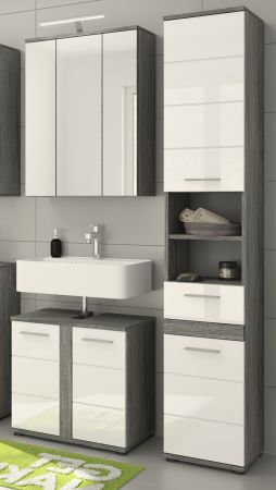 Badm�bel Set 3-teilig Bailey in wei� Hochglanz und Rauchsilber grau Badkombination 114 x 191 cm