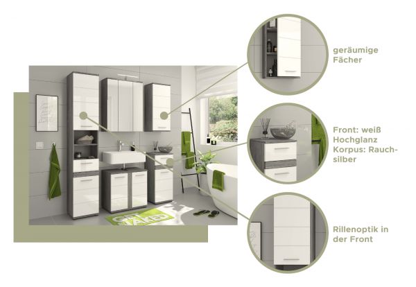 Badm�bel Set 3-teilig Bailey in wei� Hochglanz und Rauchsilber grau Badkombination 114 x 191 cm