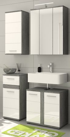 Badm�bel Set 4-teilig Bailey in wei� Hochglanz und Rauchsilber grau Badkombination 114 x 191 cm