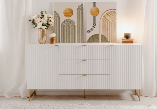 Sideboard Hawick in wei� matt mit 3D-Wellenstruktur Wohn- und Esszimmer Kommode 179 x 90 cm