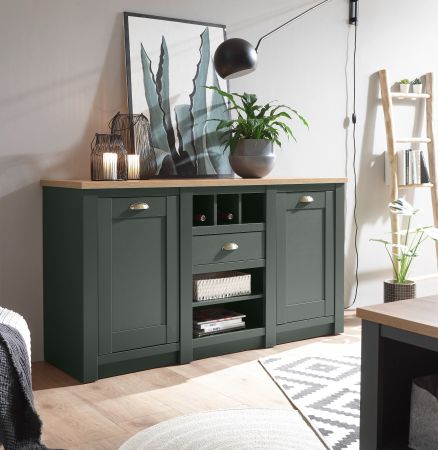 Sideboard Norwich in gr�n und Wotan Eiche Landhaus Kommode mit Weinregal 145 x 83 cm