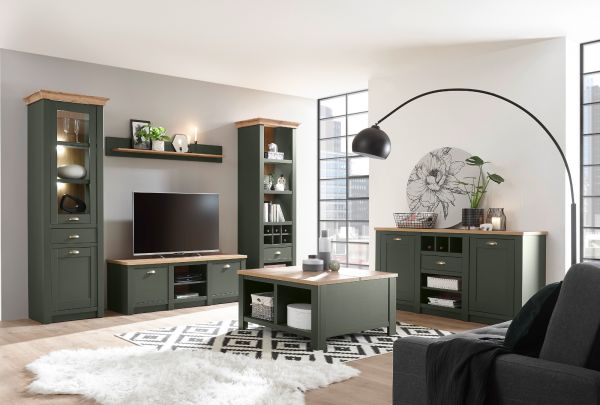 Couchtisch Norwich in gr�n und Wotan Eiche Landhaus Beistelltisch mit Truhe und Ablage 93 x 93 cm quadratisch