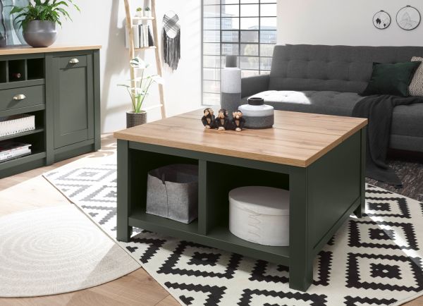 Couchtisch Norwich in gr�n und Wotan Eiche Landhaus Beistelltisch mit Truhe und Ablage 93 x 93 cm quadratisch