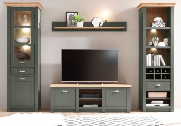 Wohnwand Norwich in gr�n und Wotan Eiche Landhaus Wohnkombination 4-teilig 308 x 207 cm