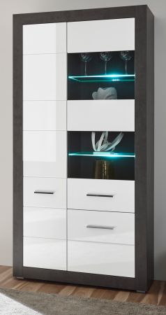 Vitrine Briard in wei� Hochglanz und grau Stone Wohn- und Esszimmer Vitrinenschrank 100 x 198 cm