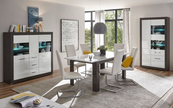 Vitrine Briard in wei� Hochglanz und grau Stone Wohn- und Esszimmer Vitrinenschrank 100 x 198 cm