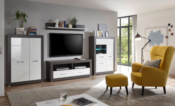 Highboard Briard in wei� Hochglanz und grau Stone Wohn- und Esszimmer Kommode 100 x 142 cm