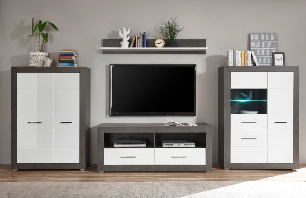 TV-Lowboard Briard in wei� Hochglanz und grau Stone TV Unterteil mit Komforth�he 150 x 61 cm