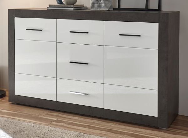 Sideboard Briard in wei� Hochglanz und grau Stone Wohn- und Esszimmer Kommode 164 x 97 cm