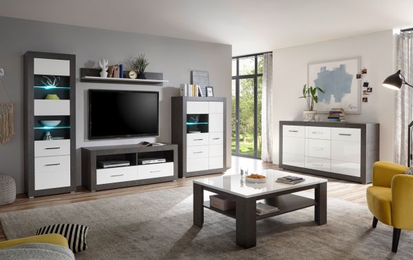 Sideboard Briard in wei� Hochglanz und grau Stone Wohn- und Esszimmer Kommode 164 x 97 cm