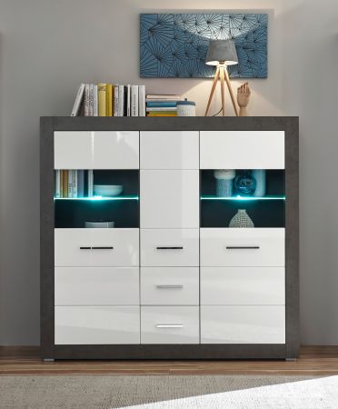 Highboard Briard in wei� Hochglanz und grau Stone Wohn- und Esszimmer Vitrine 149 x 142 cm