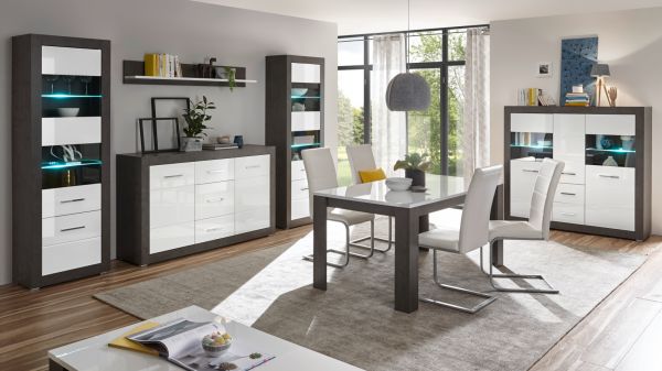 Highboard Briard in wei� Hochglanz und grau Stone Wohn- und Esszimmer Vitrine 149 x 142 cm