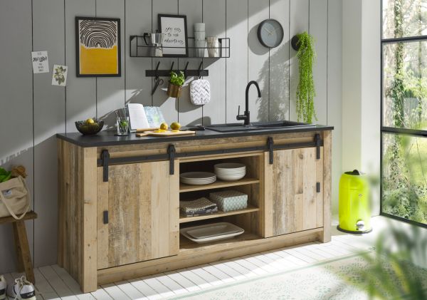 K�chenschrank Stove in Used Wood hell und anthrazit K�che Unterschrank f�r Sp�le oder Kochfeld 201 x 93 cm
