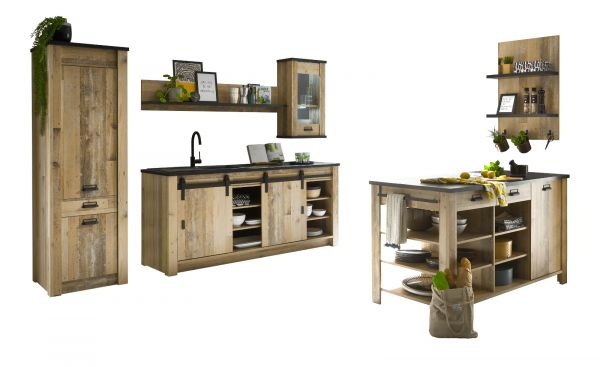 K�che mit Kochinsel Stove in Used Wood hell und anthrazit K�chenschrank Set 6-teilig