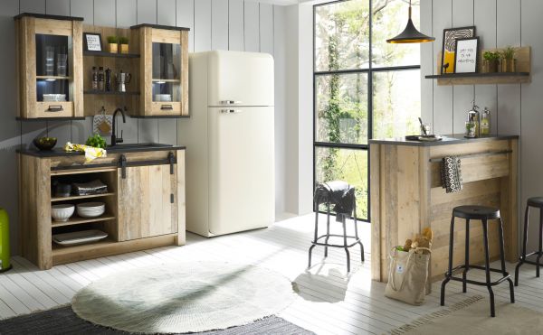 K�che mit Theke Stove in Used Wood hell und anthrazit K�chenschrank Set 6-teilig