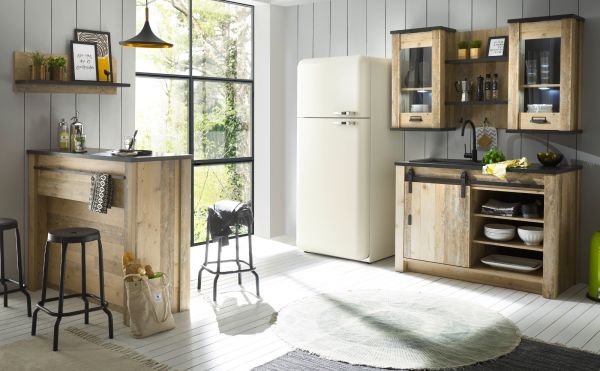 K�che mit Theke Stove in Used Wood hell und anthrazit K�chenschrank Set 6-teilig