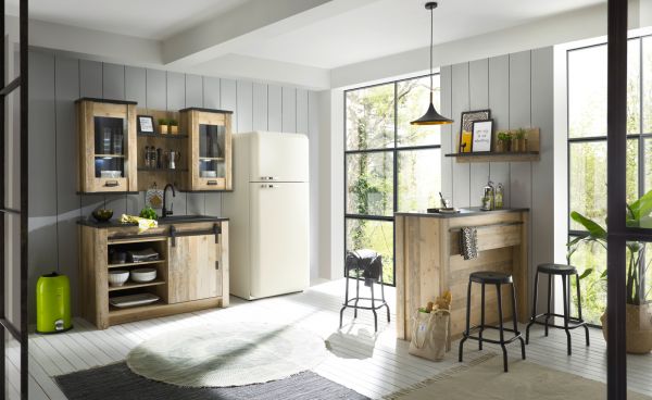 K�che mit Theke Stove in Used Wood hell und anthrazit K�chenschrank Set 6-teilig