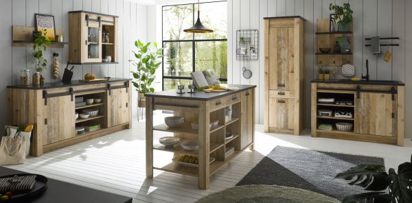 K�che mit Kochinsel Stove in Used Wood hell und anthrazit K�chenschrank Set 7-teilig