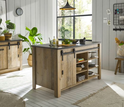 K�che mit Kochinsel Stove in Used Wood hell und anthrazit K�chenschrank Set 7-teilig