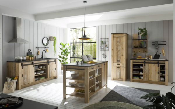 K�che mit Kochinsel Stove in Used Wood hell und anthrazit K�chenschrank Set 5-teilig
