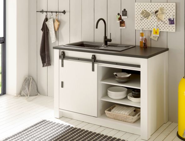 K�chenschrank Stove in wei� Pinie und anthrazit Landhaus K�che Unterschrank f�r Sp�le oder Kochfeld 133 x 93 cm