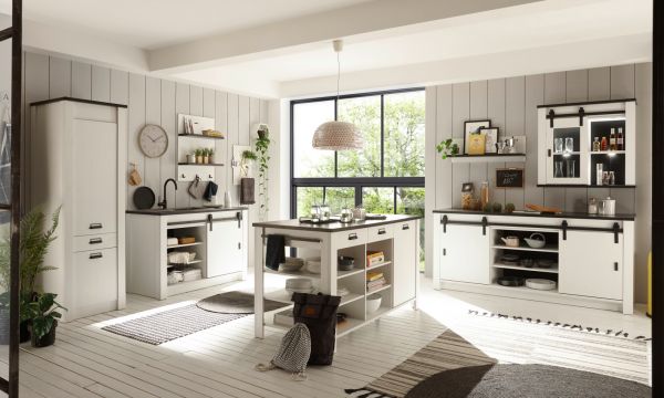 K�chenschrank Stove in wei� Pinie und anthrazit Landhaus K�che Unterschrank f�r Sp�le oder Kochfeld 133 x 93 cm