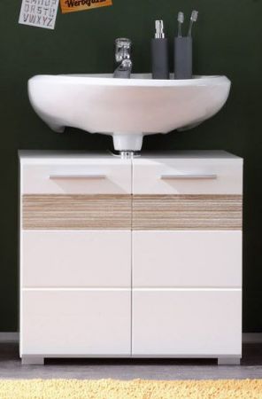Badezimmer Waschbeckenunterschrank Mezzo in wei� Hochglanz und Eiche hell Badschrank 60 x 56 cm