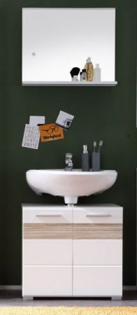Badezimmer Waschbeckenunterschrank Mezzo in wei� Hochglanz und Eiche hell Badschrank 60 x 56 cm
