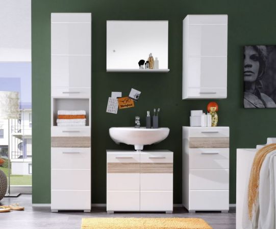 Badezimmer Waschbeckenunterschrank Mezzo in wei� Hochglanz und Eiche hell Badschrank 60 x 56 cm