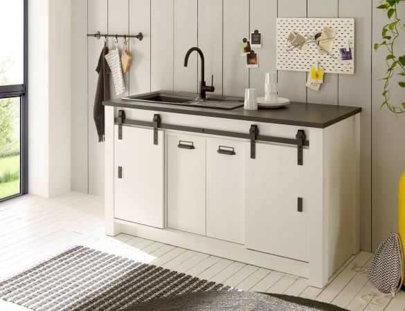 K�chenschrank Stove in wei� Pinie und anthrazit Landhaus K�che Unterschrank f�r Sp�le oder Kochfeld 161 x 93 cm