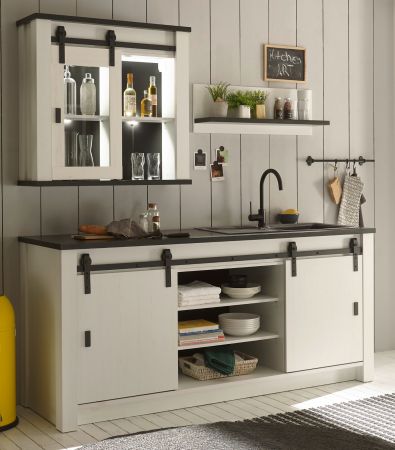 K�chenregal Stove in wei� Pinie und anthrazit Landhaus K�che Wandregal 90 x 30 cm Gew�rzregal