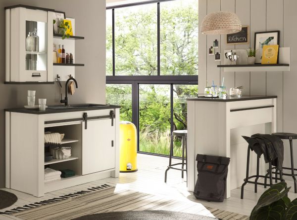 K�che mit Theke Stove in wei� Pinie und anthrazit Landhaus K�chenschrank Set 5-teilig