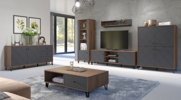 TV-Lowboard Rhomba in Graphite Grau und Eiche Kraft Gold 186 x 56 cm, Soft-Close