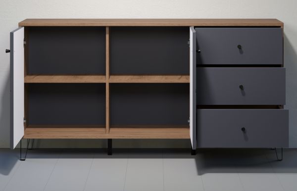 Sideboard Rhomba in Graphite Grau und Eiche Kraft Gold, Kommode 183 x 76 cm mit Soft-Close