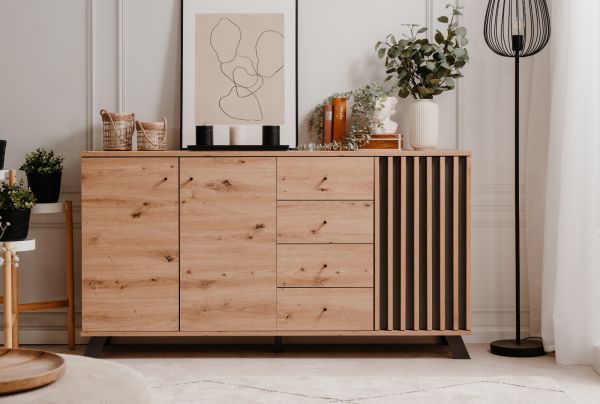 Sideboard Madem in Artisan Eiche und Anthrazit mit 3D-Lamellen Wohn- und Esszimmer Kommode 160 cm