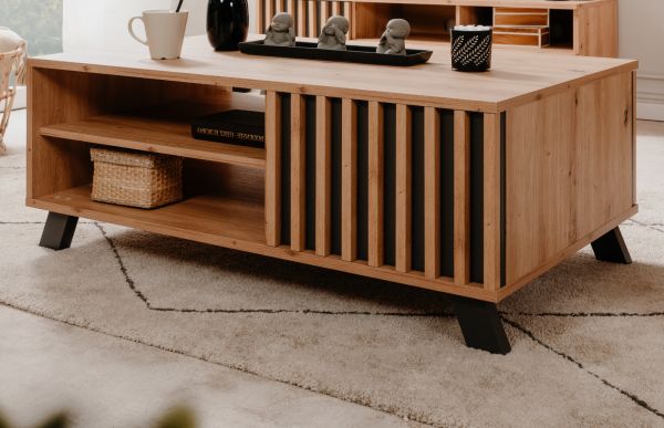 Couchtisch Madem in Artisan Eiche und Anthrazit mit 3D-Lamellen Beistelltisch 110 x 67 cm