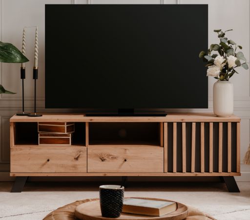 TV-Lowboard Madem in Artisan Eiche und Anthrazit mit 3D-Lamellen TV Unterteil 138 cm