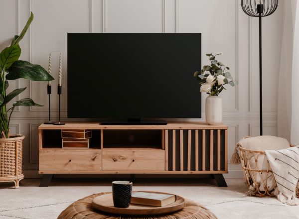 TV-Lowboard Madem in Artisan Eiche und Anthrazit mit 3D-Lamellen TV Unterteil 138 cm