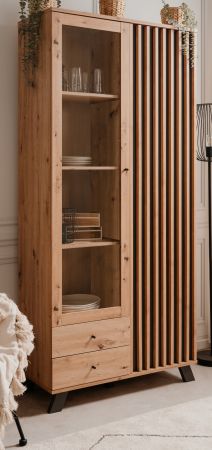 Vitrine Madem in Artisan Eiche und Anthrazit mit 3D-Lamellen Wohn- und Esszimmer Vitrinenschrank 92 x 199 cm