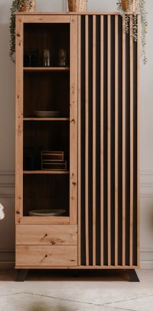 Vitrine Madem in Artisan Eiche und Anthrazit mit 3D-Lamellen Wohn- und Esszimmer Vitrinenschrank 92 x 199 cm
