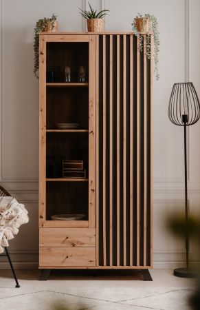 Vitrine Madem in Artisan Eiche und Anthrazit mit 3D-Lamellen Wohn- und Esszimmer Vitrinenschrank 92 x 199 cm
