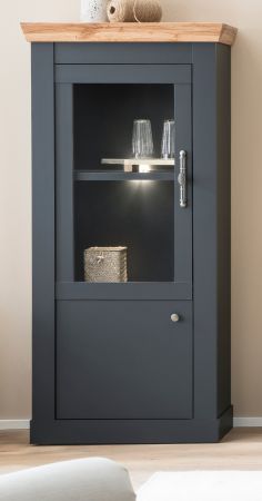 Vitrinenschrank Ribera in grau und Wotan Eiche Landhaus Wohn- und Esszimmer Vitrine 72 x 146 cm