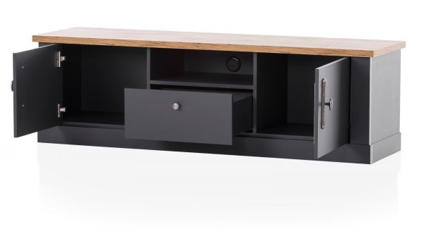 TV-Lowboard Ribera in grau und Wotan Eiche Landhaus TV Unterteil 158 x 51 cm