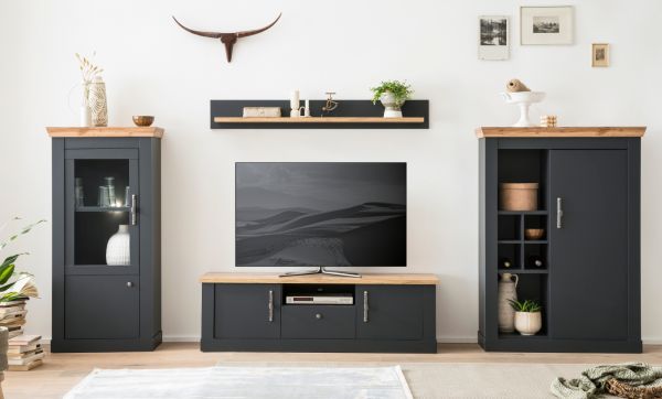 TV-Lowboard Ribera in grau und Wotan Eiche Landhaus TV Unterteil 158 x 51 cm