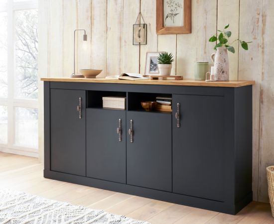 Sideboard Ribera in grau und Wotan Eiche Landhaus Wohn- und Esszimmer Kommode 200 x 104 cm