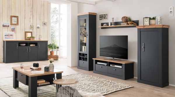 Sideboard Ribera in grau und Wotan Eiche Landhaus Wohn- und Esszimmer Kommode 200 x 104 cm