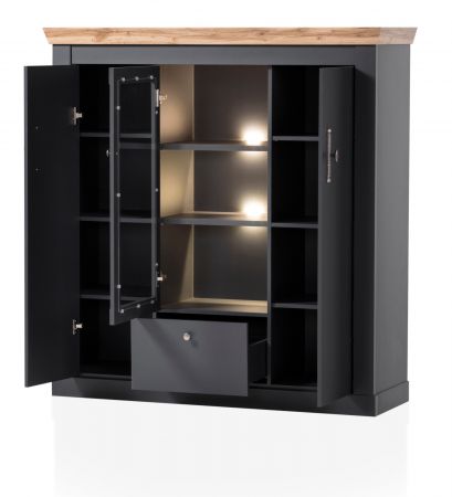 Highboard Ribera in grau und Wotan Eiche Landhaus Wohn- und Esszimmer Vitrine 141 x 146 cm