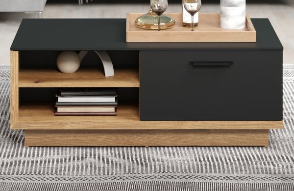Couchtisch Synnax in grau und Evoke Eiche Beistelltisch mit Stauraum 110 x 60 cm