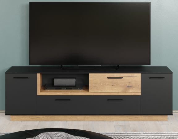 TV-Lowboard Synnax in grau und Evoke Eiche TV Unterteil mit Komforth�he 187 x 59 cm