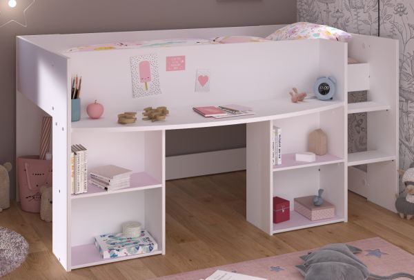 Parisot Hochbett Pirouette in wei� mit grau oder rosa Kinder und Jugendzimmer Bett Liegefl�che 90 x 200 cm